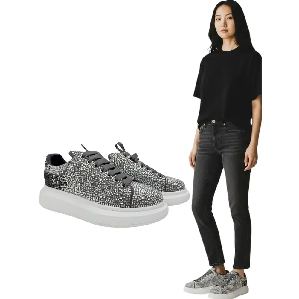 Alexander Mcqueen Crystal Embellished Oversized Sneakers Gray Size 37